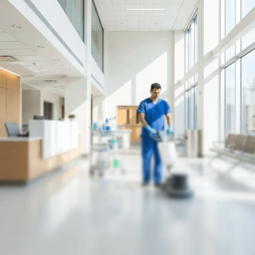 Cleaner in blue scrubs mopping a bright, sunlit hallway